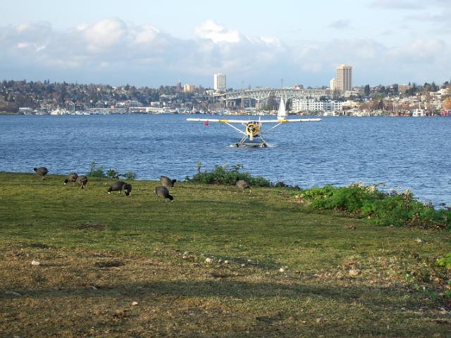 DSCF0321 A plane taxiing through the water with a large bridge and the University District in the background.